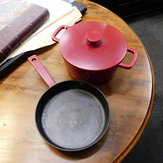 'CAPITAL KITCHEN' RED ENAMELLED CAST IRON LIDDED POT & PAN 240mm dia