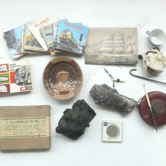 COLLECTIBLE ITEMS – LEATHER STEEL MEASURE, AMETHYST CRYSTAL ROCK, RAT FIGURE, MINI BOOKS ETC