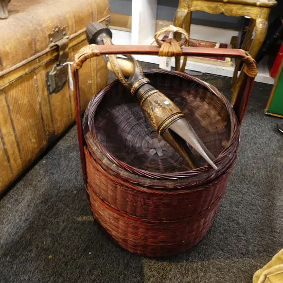 WOVEN ORIENTAL 2 COMPARTMENT BASKET H.430mm w. TOURIST CANNIBAL FORK