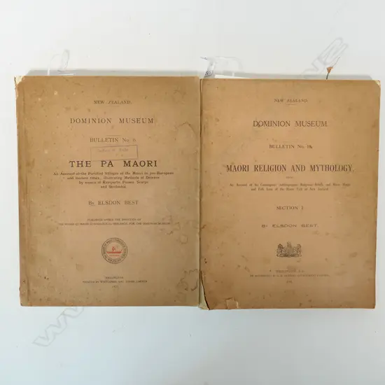 2 DOMINION MUSEUM BULLETINS by ELSON BEST: No.6 'THE PA MAORI' 1927 & No.10 'MAORI RELIGION & MYTHOLOGY' 1924