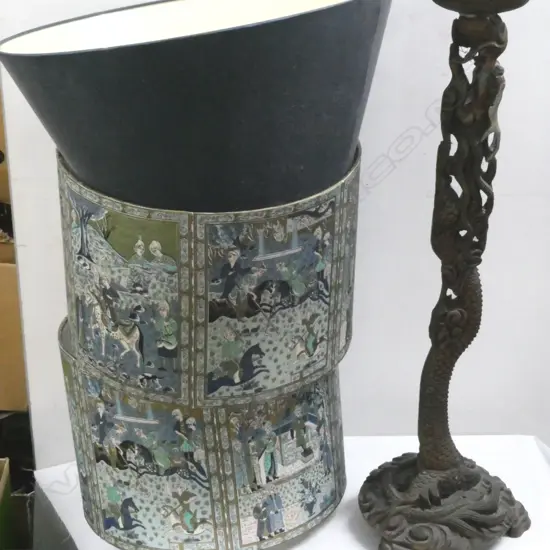 3 VINTAGE LAMPSHADES w. WOOD CARVED CHINESE DRAGON LAMP (UNWIRED) 