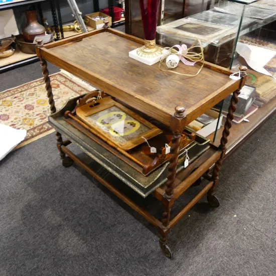 ANTIQUE OAK BARLEY TWIST 2 TIER TROLLEY 800x420x770mm