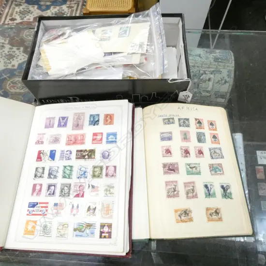 STAMP COLLECTION 2 WORLD ALBUMS & SHOE BOX OF FIRST DAY COVERS ETC