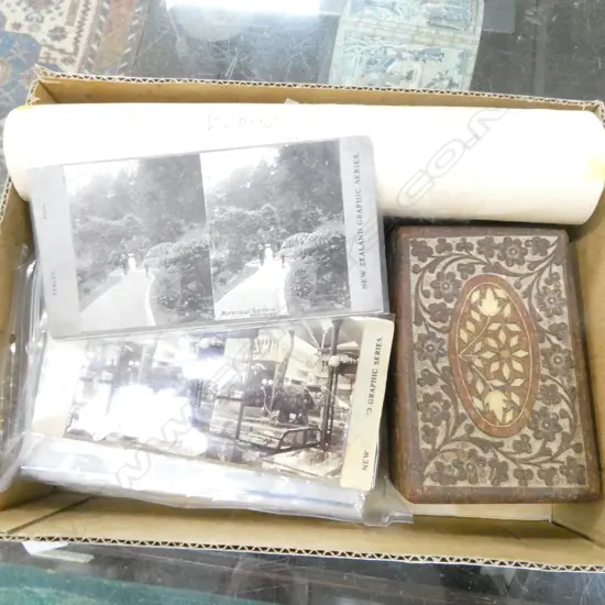 SMALL BOX COIN COLLECTION STEROSCOPE CARDS & 2 MAORI UNFRAMED ENGRAVINGS