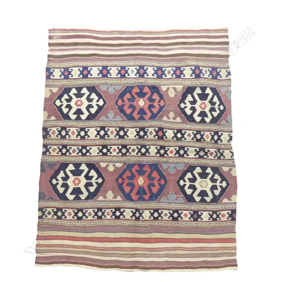 COLLECTOR'S OLD TURKISH HAND WOVEN KELIM RUG wool on cotton 6 lozenge medallions 1280 x 1000mm