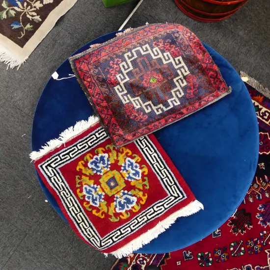 SMALL CHINESE HAND KNOTTED MAT L470MM & PERSIAN UNFILLED CUSHION L520MM