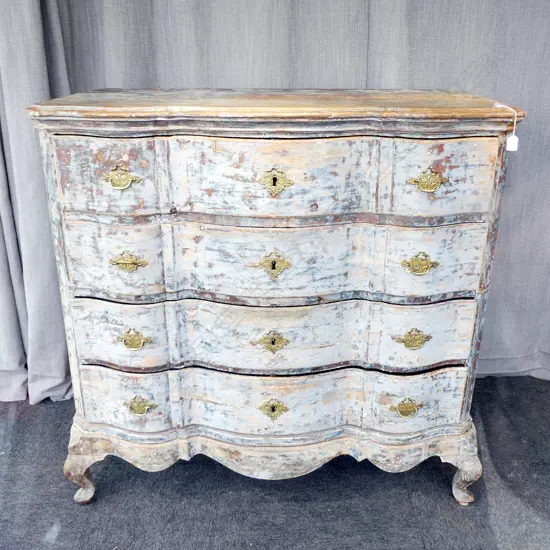 ANTIQUE DISTRESSED DANISH SERPANTINE FRONT CHEST OF DRAWERS 1240x640x1215mm FAULTS