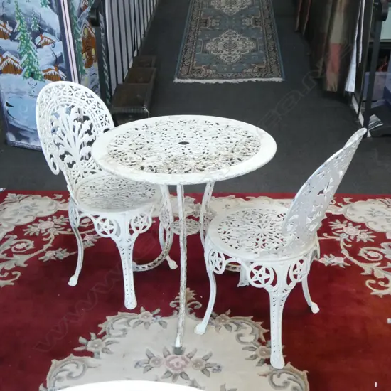 3 PCE WHITE METAL PATIO SET; TABLE & PR CHAIRS