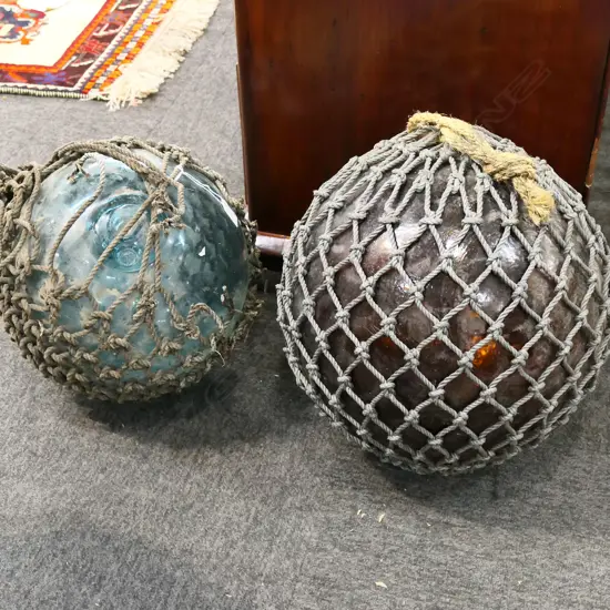 2 GLASS FISHING FLOATS; 1 w. NET WORN AWAY Dia. 330mm