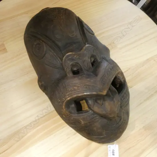CARVED WOODEN MAORI WHEKU MASK H.390mm