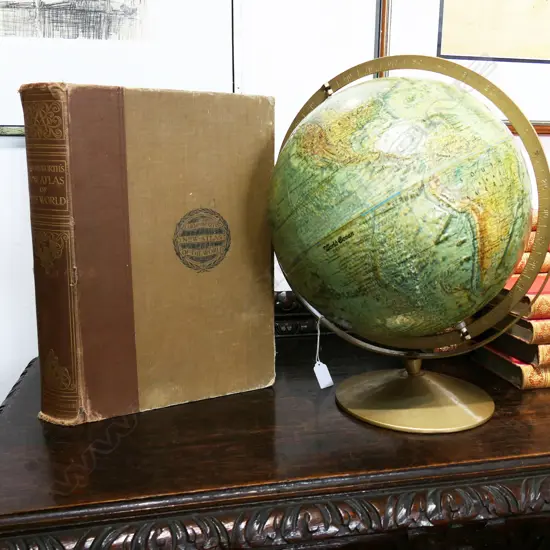 VINTAGE GIMBALLED GLOBE H.420mm + HARMSWORTH NEW ATLAS OF THE WORLD