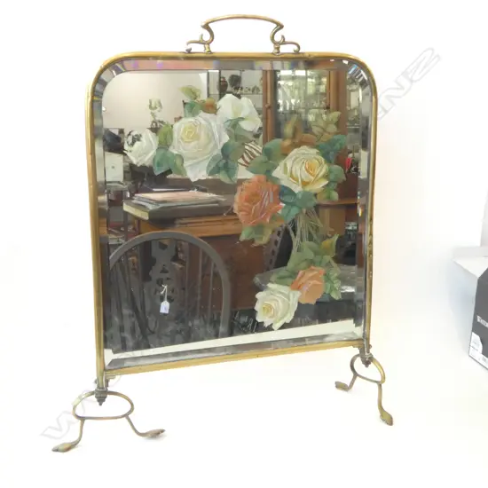 BRASS MIRRORED FIRE SCREEN w. PAINTED FLOWERS 650x470mm