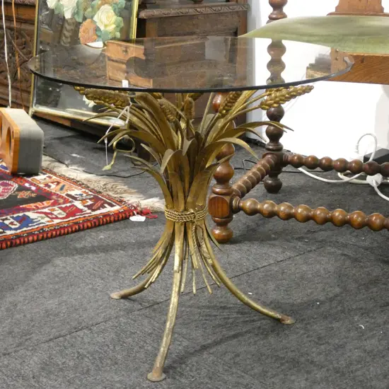 GILT METAL WHEAT SHEAF 'HOLLYWOOD REGENCY' SMOKEY GLASS TOPPED SIDE TABLE; Dia.500 H.480mm