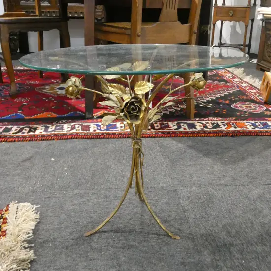 GILT METAL ROSE 'HOLLYWOOD REGENCY' GLASS TOPPED SIDE TABLE; Dia.500 H.480mm