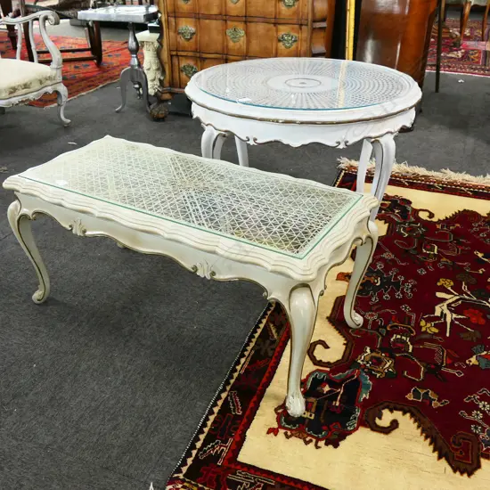 2 FRENCH GLASS OVER WYCOMB CANE TOPPED TABLES, Dia. of circular: 750mm