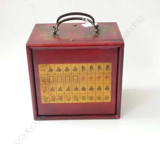 CHINESE 5 DRAWER CASED MAHJONG SET w. PHEONIX & DRAGON MOTIF H.180mm