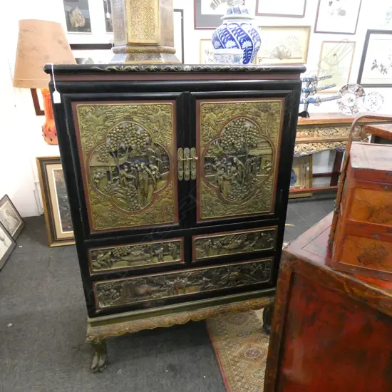 CARVED CHINESE CABINET ON BALL&CLAW STAND; PANELS DECORATED WITH CRANES & FIGURAL SCENES 900x450x1020mm
