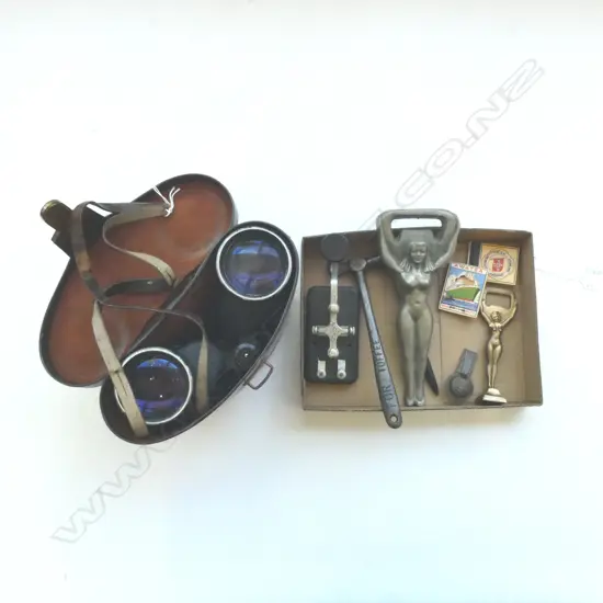 LEATHER CASED L. W. McK CARL ZEISS BINOCULARS, TELEGRAPH KEY, 2 BOTTLE OPENERS, etc