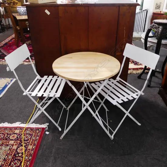 3 PCE PATIO SET; PR WHITE METAL FOLDING CHAIRS & TABLE
