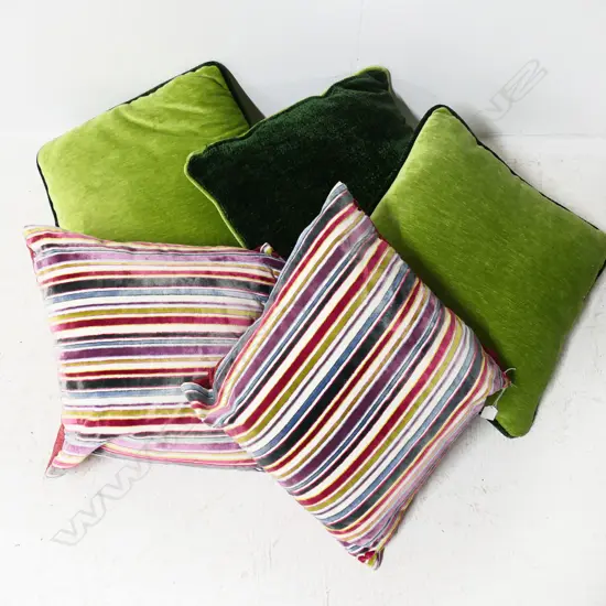 5 CUSHIONS; 3 GREEN + STRIPED PAIR (1 AF)