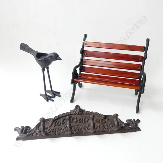 THREE CAST IRON ITEMS  BIRD + BENCH + KEY RACK