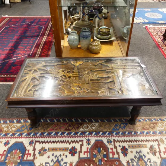 CARVED ORIENTAL GLASS TOP COFFEE TABLE 950x490x330mm AF GLASS