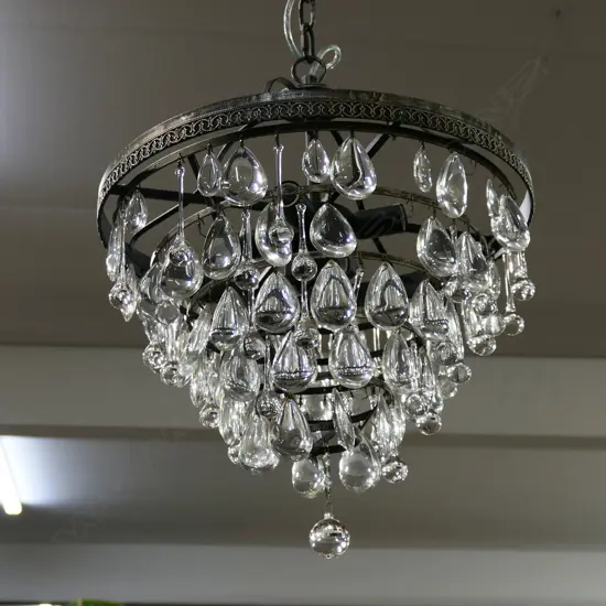 CHANDELIER w. ANTIQUE FINISH METAL & TEAR DROP CRYSALS H.570mm, 450mm dia...
