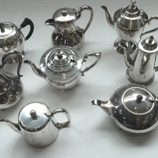 EIGHT VINTAGE SILVER PLATED TEAPOTS WALKER & HALL ETC 