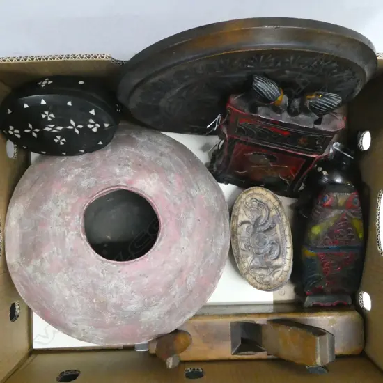 ASST CARVED WOODWARE PACIFIC & ORIENTAL etc, WOODEN PLANE, THAI CAST? SQUAT VASE 