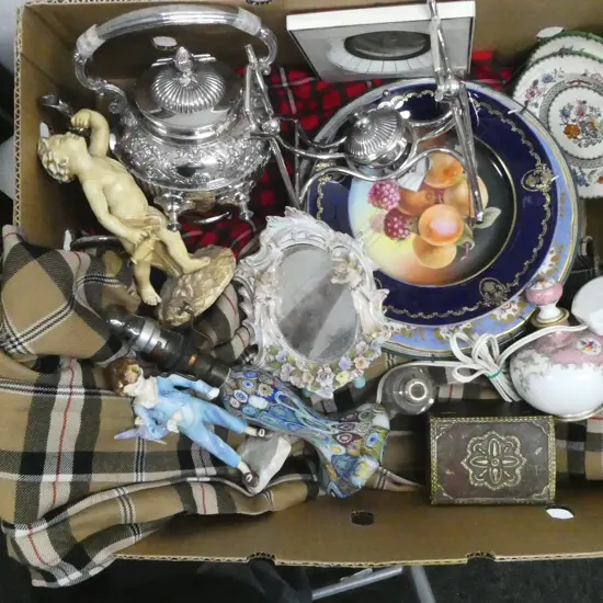 ASST. CHINA, 2 KILT SKIRTS, MURANO GLASS TABLE LAMP (BASE ONLY) H.250mm, EP SPIRIT KETTLE ETC