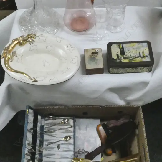 ASST Incl. GOLD PLATED CUTLERY, HAND BLOWN GLASS JUG, COMEMORATIVE DECANTER etc