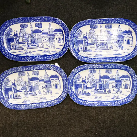 FOUR VINTAGE BLUE & WHITE PLATTERS L44MM +/-