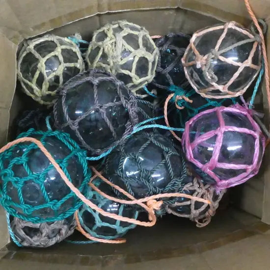 22 OLD GLASS BALL FISHING FLOATS w. NETTING 90mm dia