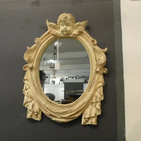 RUSTIC FRAMED OVAL WALL MIRROR w. CHERUB MOTIF H.510mm