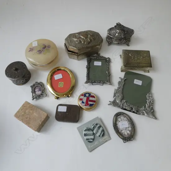 ASST SMALL PICTURE FRAMES, PORCELAIN EARINGS, ALABASTER TRINKET BOX, etc