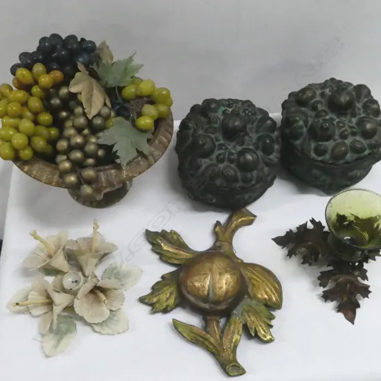 GILDED CERAMIC CAMPANA VASE H.150mm, 2 CERAMIC FRUIT STORAGE JARS (AF), GLASS & BRASS IVY CANDLE HOLDER, etc