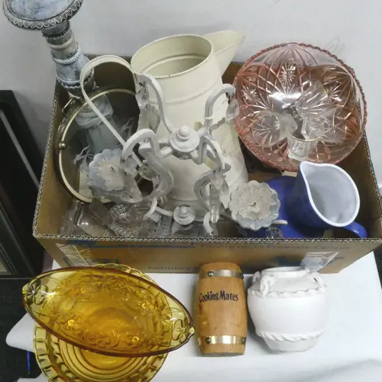 CANDELABRA w. GLASS DROPLETS, BLUE GLAZE FRENCH POTTERY JUG etc