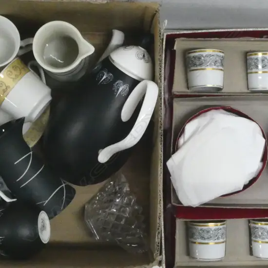 ASST CHINA; LIMOGES CASE 6 COFFEE CANS, HAZEL THUMPSTON TEASET (FAULTS), 2 Hi5 MILK JUGS, etc