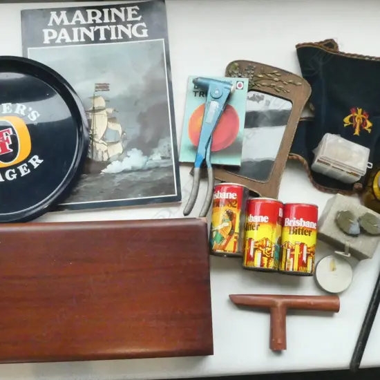 ANTIQUE GUIDON FLAG WITH POLE, BEER TRAYS & CANS, MARINE PAINTING BOOK, BOX ETC 
