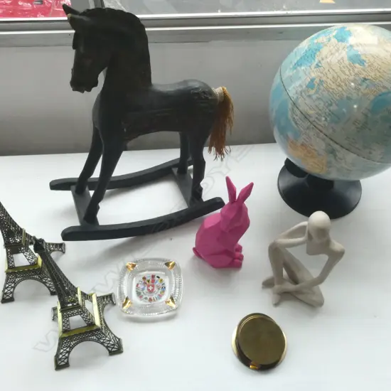 COLLECTION OF MISC: EIFFEL TOWERS, WORLD GLOBE, HORSE, COASTERS, FIGURE & SWISS ASHTRAY 