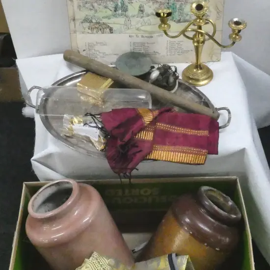 LG SHEF. EP TRAY, 2 CROCKS, WOODEN BATON, 3 RUMUERA 'KEY TO.. 1920' PRINTS/WATER COLOR?, etc