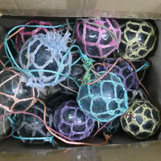 22 OLD GLASS BALL FISHING FLOATS w. NETTING 90mm dia