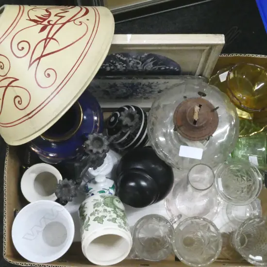 ASST CRYSTAL & GLASSWARE Incl. KERO LAMP, PR VINTAGE LAMPSHADES, etc