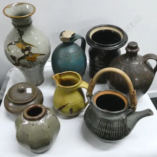 ASST NZ STUDIO POTTERY; ESTELLE MARTIN FLASK, ROYCE MCGLASHIN TALL , PETER STITCHBURY TEAPOT (FAULTS) etc