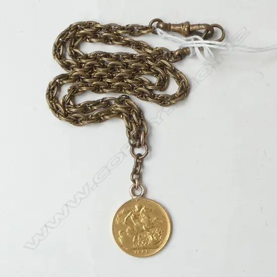 FULL GOLD SOVEREIGN 1900 Melbourne mint ON GOLD PLATE FOB CHAIN Prince of Wales links
