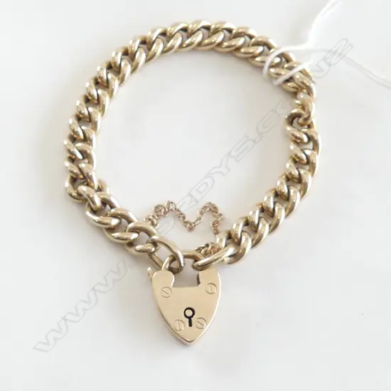 VINTAGE 15ct YELLOW GOLD CURB LINK BRACELET heart padlock clasp 15gms