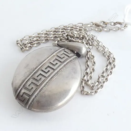 c1900 SILVER LOCKET w square scroll decoration ON MORE MODERN SILVER CHAIN