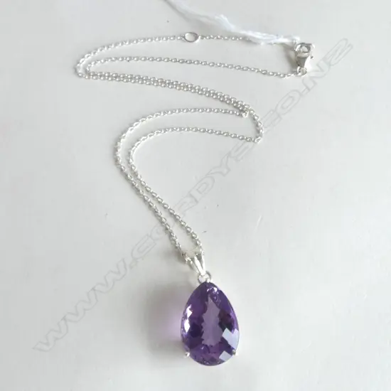 LG PEAR CUT AMETHYST & SILVER PENDANT w SILVER CHAIN L.500mm