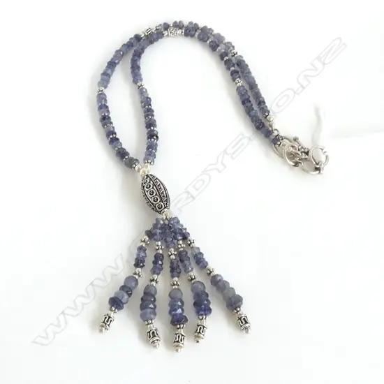 SILVER AND FACET CUT BLUE GEMSTONE TASSELLED  NECKLACE