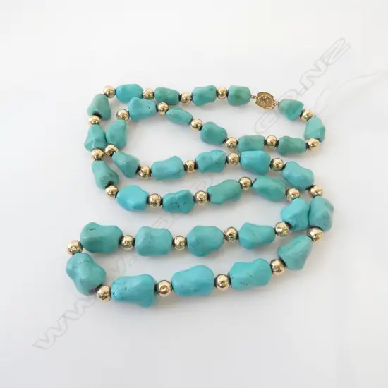 14ct YELLOW GOLD & TURQUOISE LONG NECKLACE L.720mm